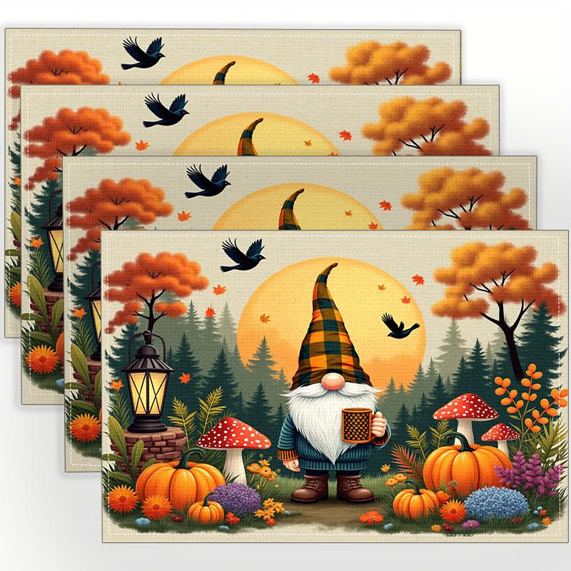 4 Stück/6 Stück Herbst-Elemente Thanksgiving Halloween Feiertagsdekoration Leinen-Tischsets mit Herbst-Gnom Kürbis Pilz 2D Flaches Muster Druck. Wunderschön und