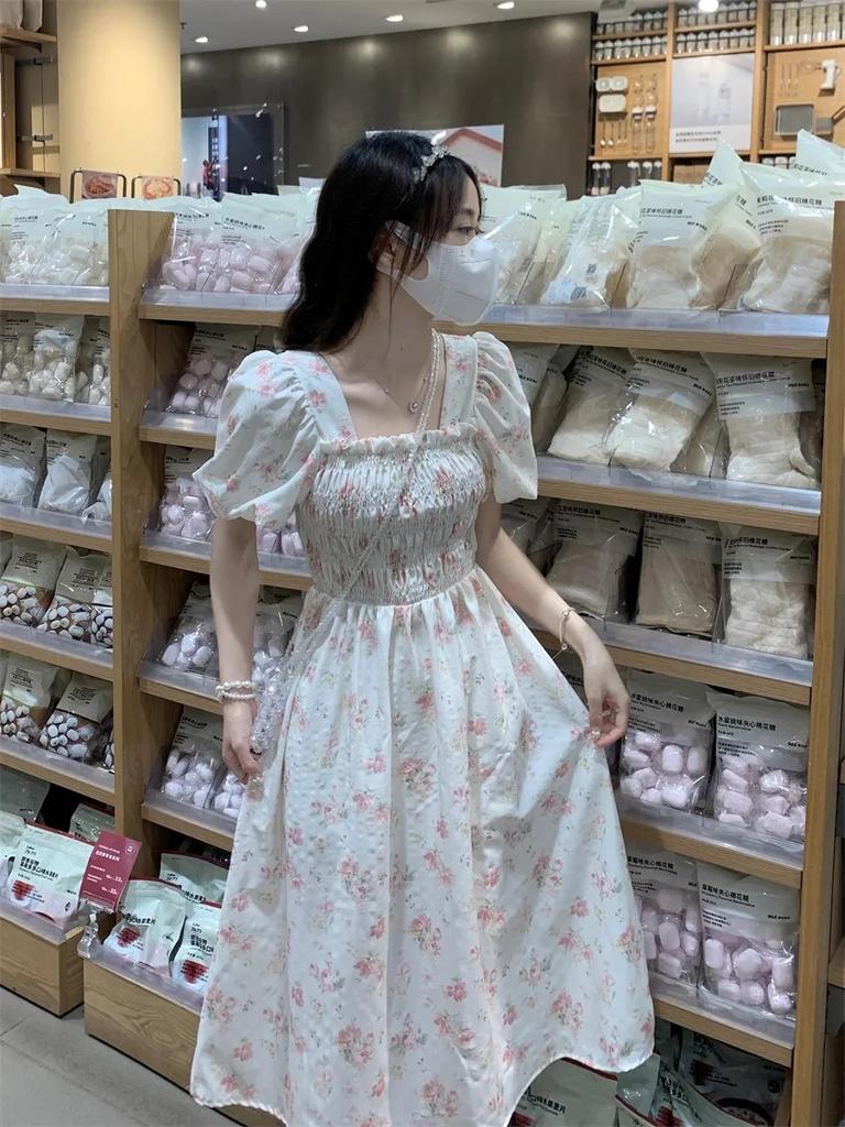 French first love floral dress female summer small temperament waist square neck bubble sleeve fairy gentle wind long dress