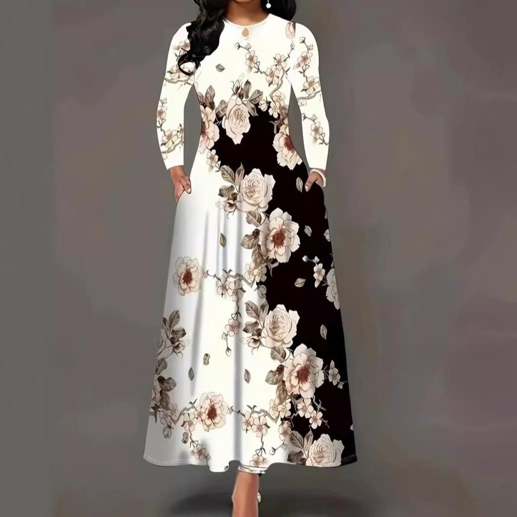 LYRIA Women's Casual Dress, Plus Size Print Half Sleeve Round Neck Maxi Dress With Pockets