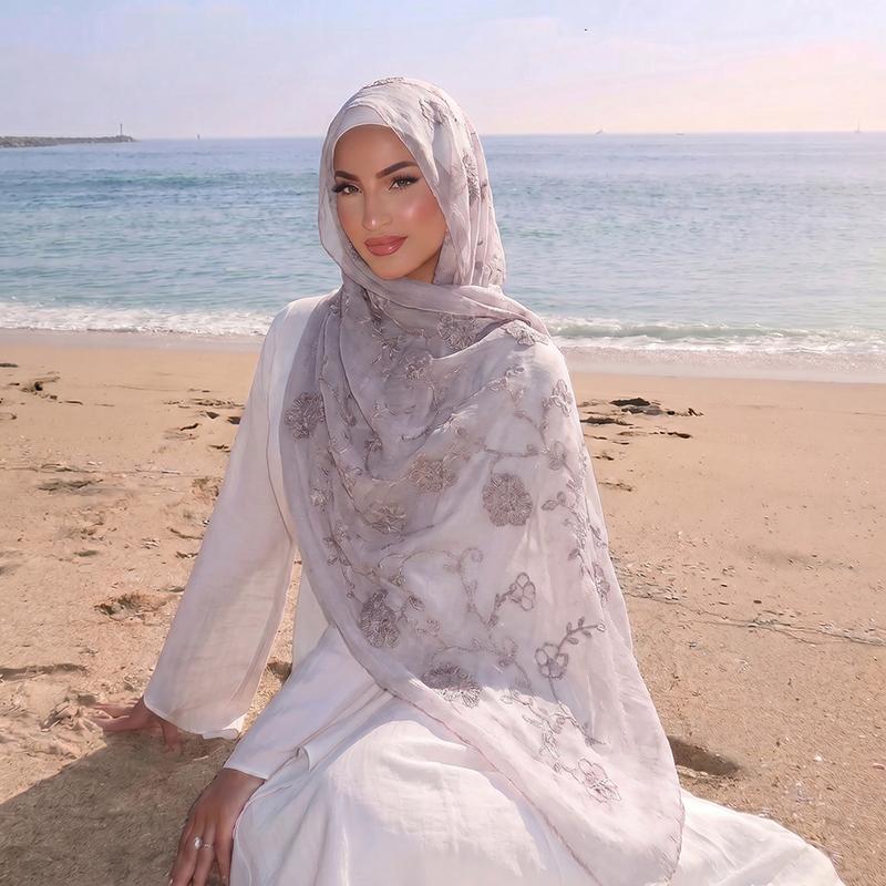 Floral Embroidery Muslim Hijab Sheer Scarf Soft Lightweight Headscarf for Women Daily Modest Wear Islamic Head Wrap Accessory