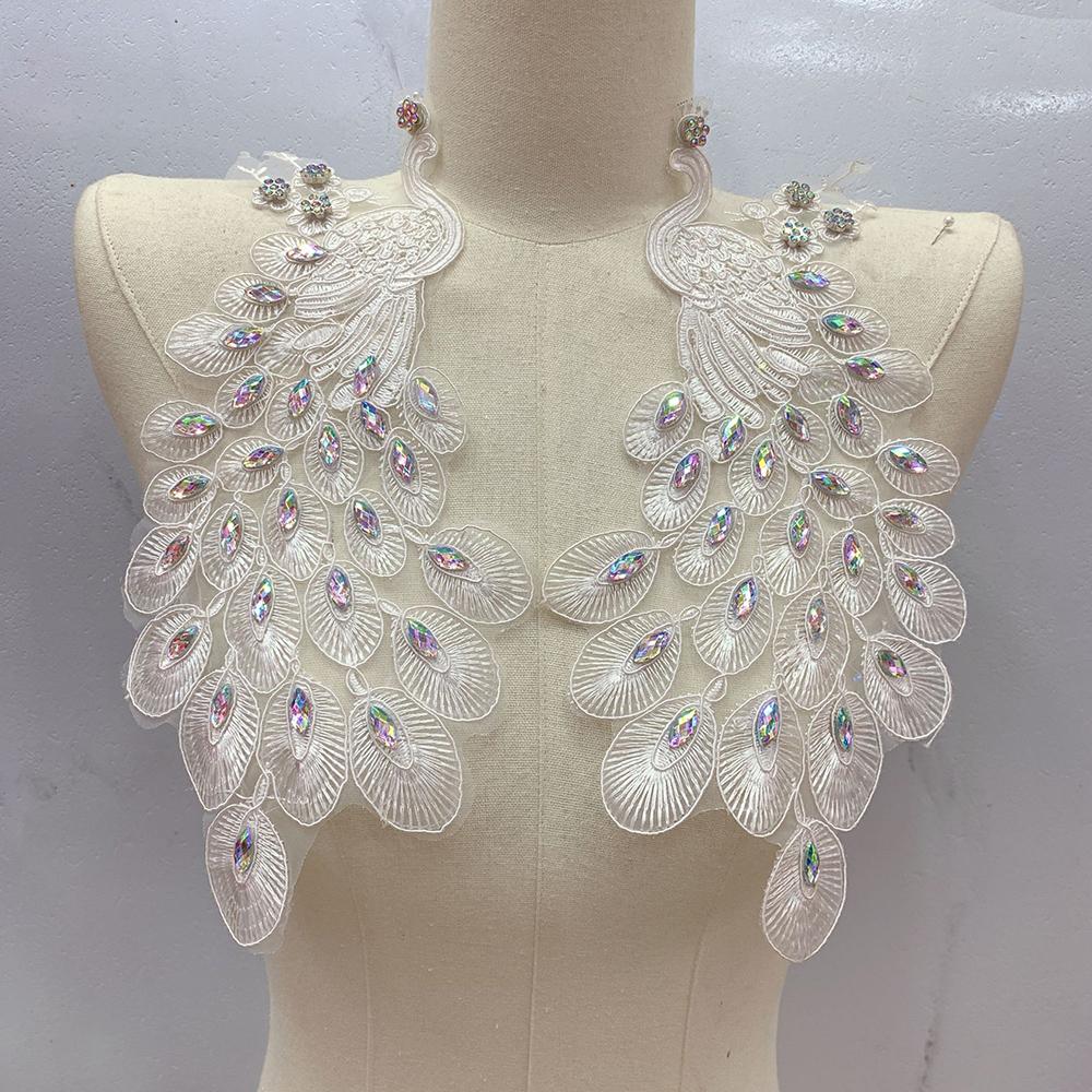 1Pair Black White Embroidered Peacock Rhinestone Decoration DIY Clothing Sewn Lace Applique