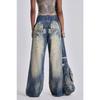 Women's New Washed and Aged Gradient Wing Print Retro Loose Wide Leg Jeans Sub