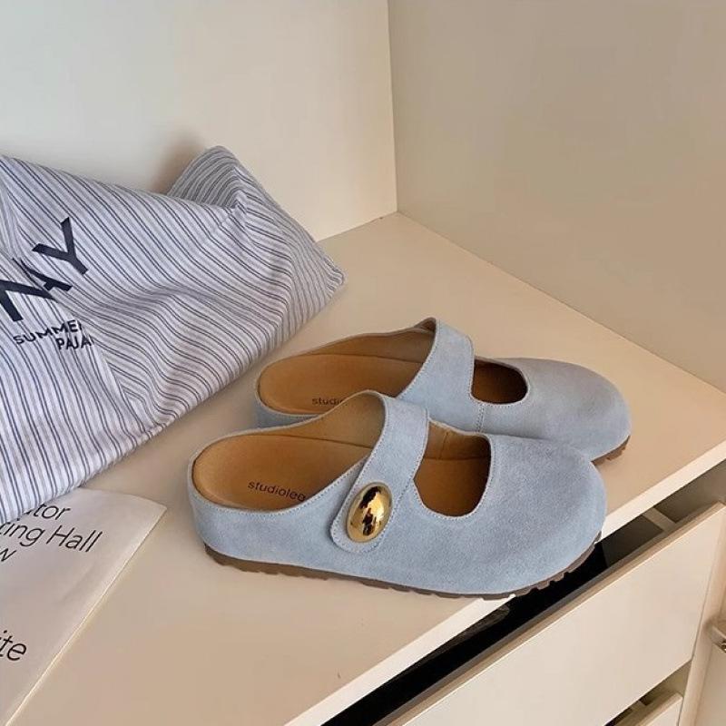 Height increase of 5cm small golden bean round head leather Mary Jane half slippers