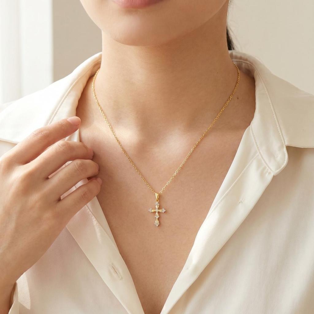 Elegant French Vintage Cross Necklace with Zircon for Women, Gold Plated Baroque Crucifix Thin Link Chain Religious Gift