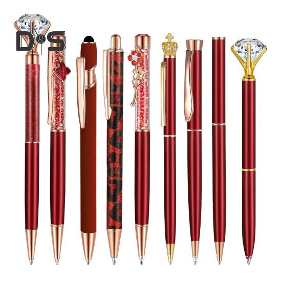 9Pcs Ballpoint Pen Set Metal Faux Crystal Pen Bling Dynamic Liquid Sand Pen for Journaling Retractable Glitter Black Ink Pen for Office School