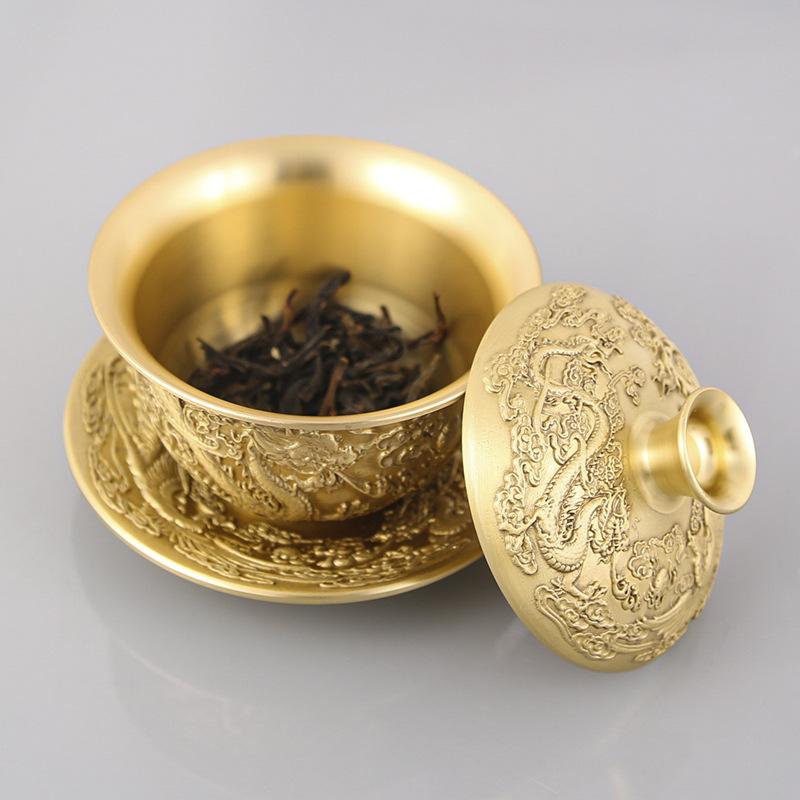 Brass teacup three-piece set, antique collection, copper decoration, dragon and phoenix Chengxiang tea bowl, tea cup living room desktop ornament