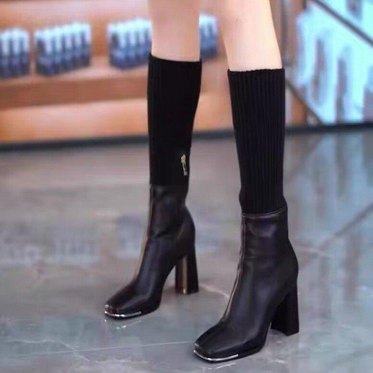 

Вязаные носки на высоком каблуке, женские универсальные и тонкие сапоги на осень и зиму 2025 года в британском стиле с пряжкой на ремне, заостренные эластичные сапоги на толстом каблуке 34 чёрный