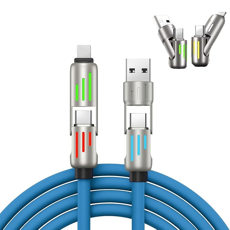 1.5M 4-in-1 Fast Charging Cable with LED Indicator 240W USB C  Universal Cable with Lightning/Micro-USB/Type-C Ports for All Phones Tablets Power