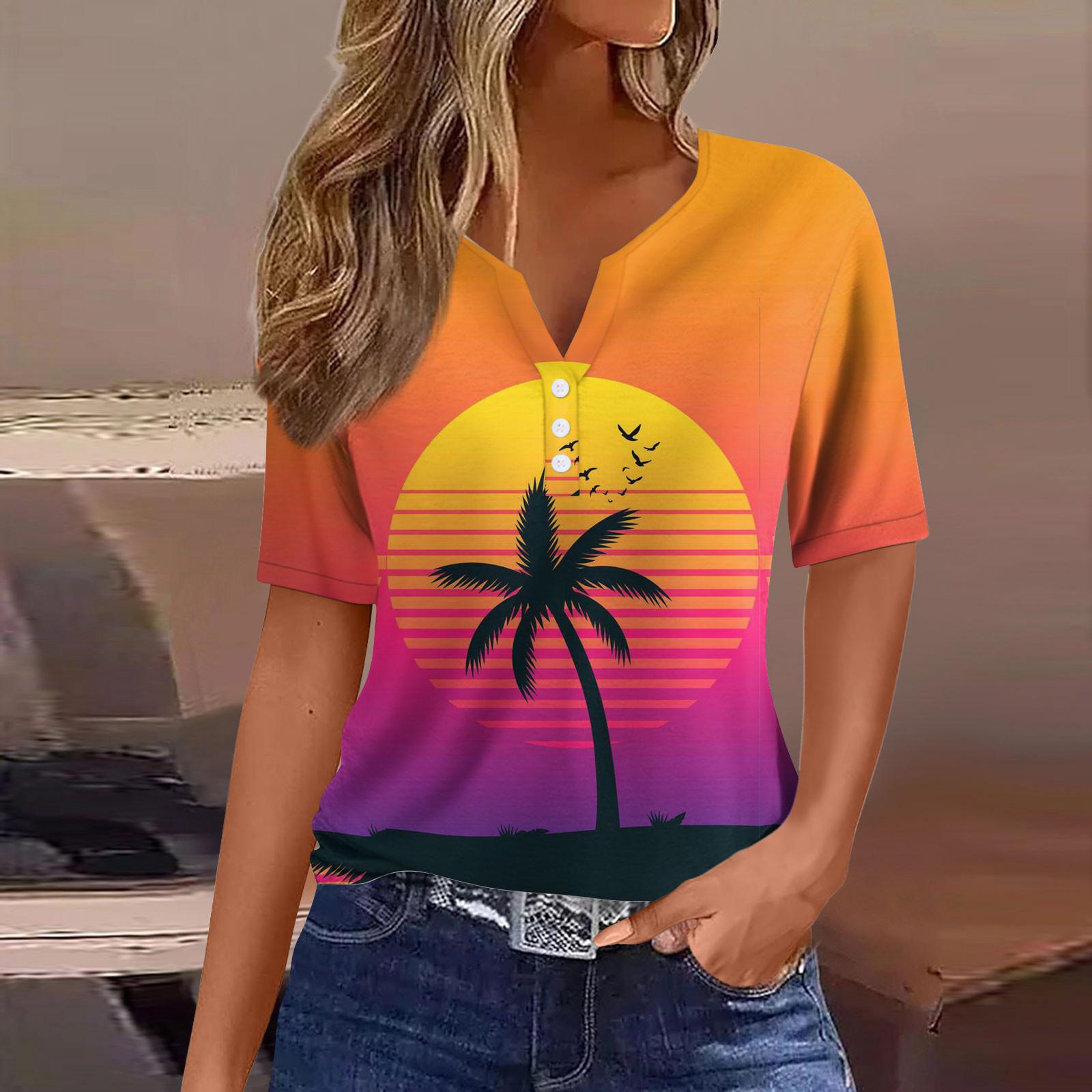 

Женская повседневная гавайская футболка с v-образным вырезом и коротким рукавом с декоративными пуговицами, топ M оранжевый