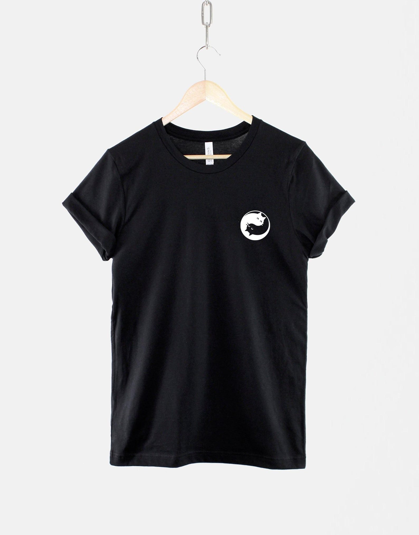 Yin Yang Cats T-Shirt, Zen Cat Pocket Tee, Black White Cotton (Unisex) XL