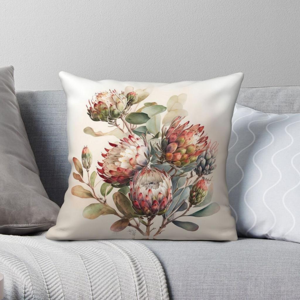 Protea Flowers Square Pillowcase Polyester Linen Velvet Creative Zip Decorative Pillow Case Sofa Cushion Cover