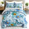 3PC Blue Floral Butterfly Comforter Set with 2 Pillowcases - Daisy Patterned Bedding Collection for Bedroom
