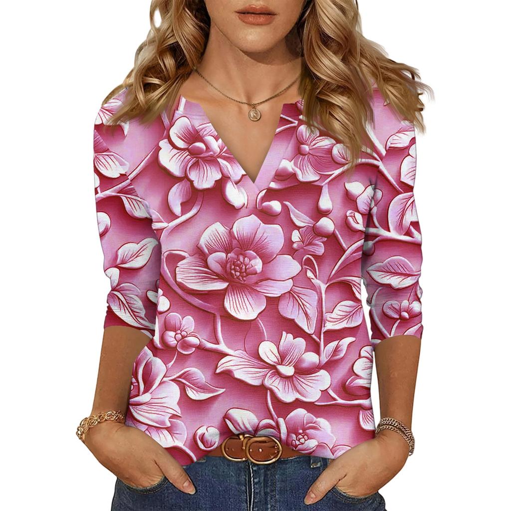 Women's Casual Fashion Sexy Comfortable V-Neck Floral Seven Sleeve Top