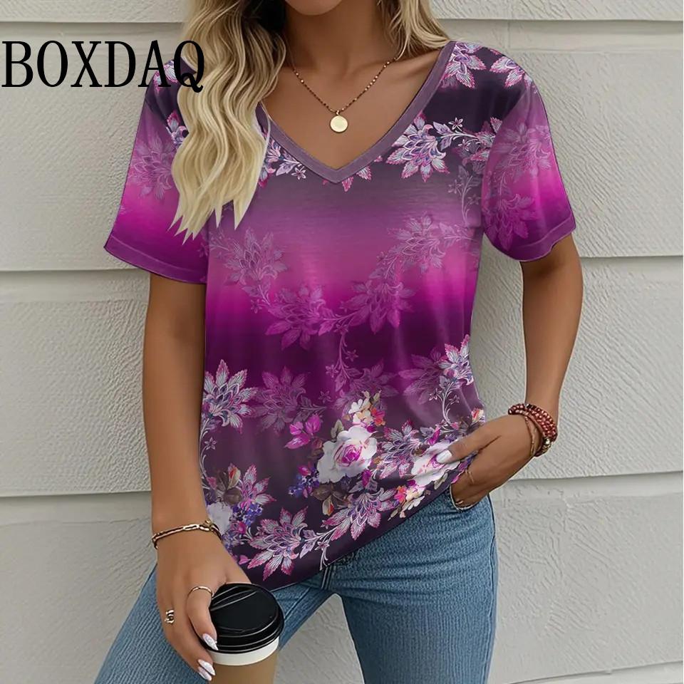 Summer Casual Loose Short Sleeve T Shirt Vintage V-Neck Flowers Printed Women's Tee Tops Plus Size Ladies T-Shirt Clothing