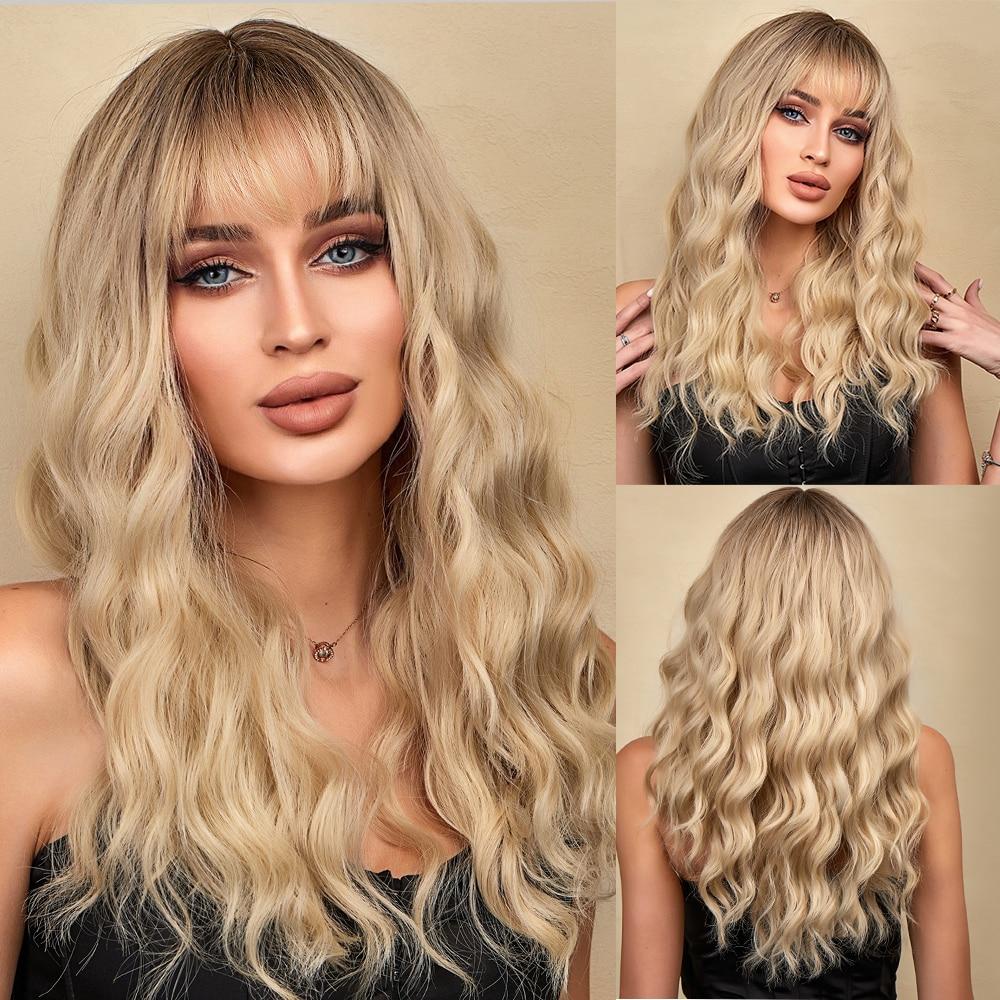 Synthetic Ombre Brown To Light Blonde Hair Wig with Bangs Natural Wavy Wig for Women Cosplay Heat Resistant Fiber Wigs