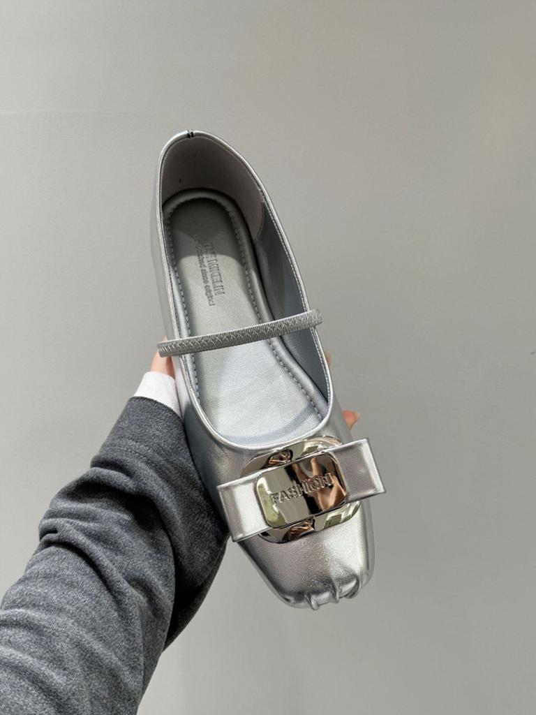 Cowhide Version of Grape Mother, the Same Style, Square Head, Genuine Leather, Light Mouth Metal Bow, Mary Jane Shoes, Women's Flat Ballet Shoes
