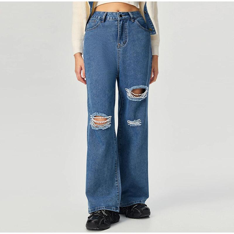 

Женские широкие потертые джинсы с жемчужным декором, свободный крой, однотонные джинсовые брюки, женские модные повседневные брюки 2025 года, весна-осень XL темно-синий