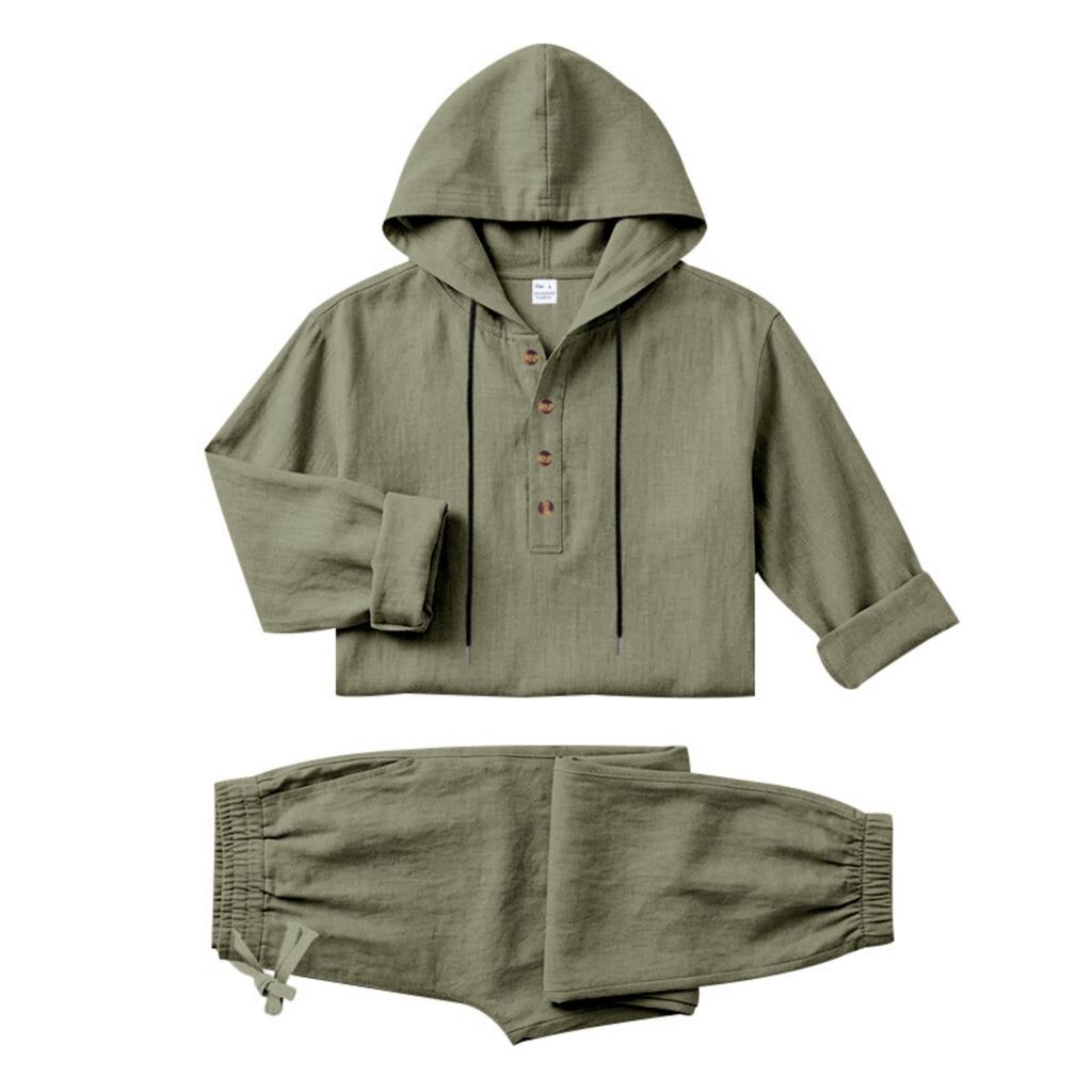 Men's Linen Hooded Two-Piece Set: Half-Zip Long Sleeve Shirt and Jogger Pants for Beach Vacation