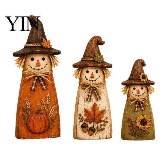 Solid Wood Seasonal Centerpiece 3Pcs Rustic Wooden Halloween Cat Tabletop Decor, Farmhouse Black Figurine Indoor Party Supplies with Witch Hat, Autumn