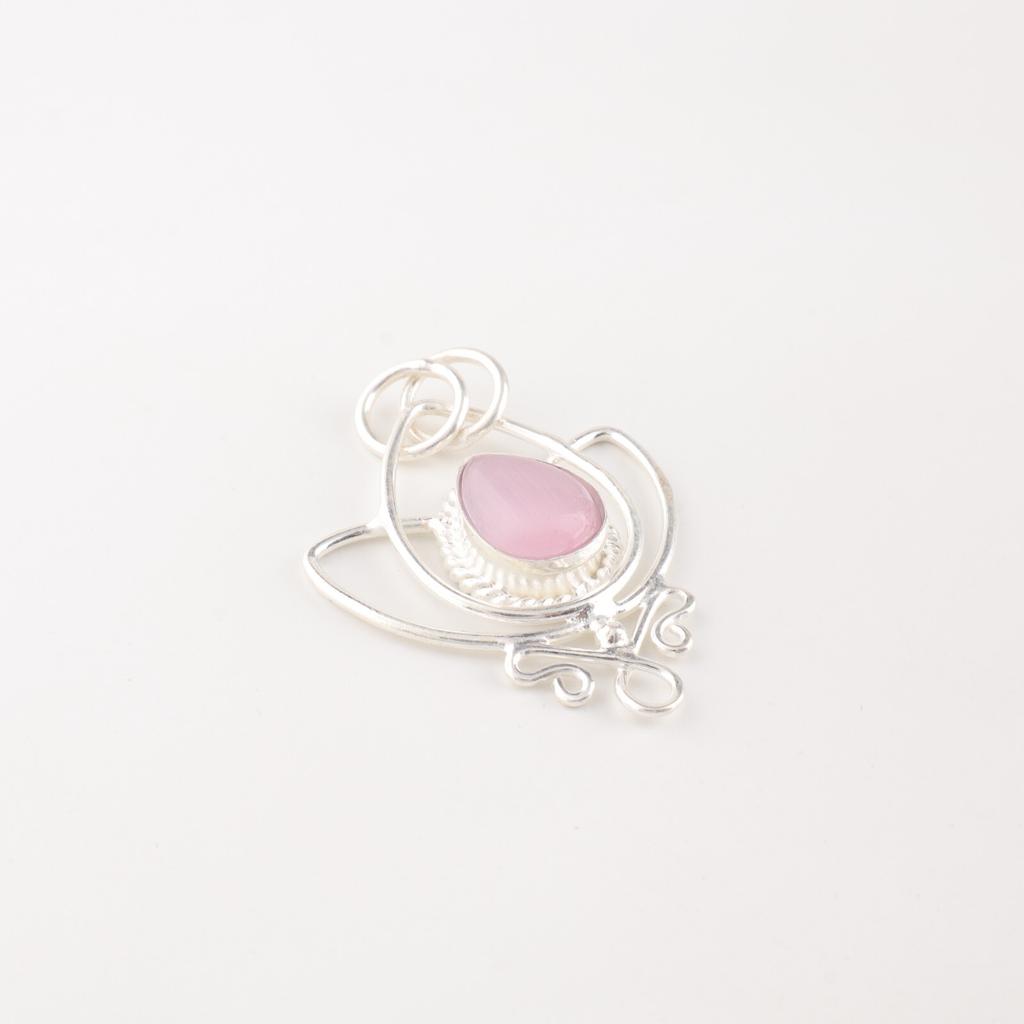 Pink Cat's Eye Gemstone 925 Solid Silver Jewelry Handmade Pendant Gift For Wife PP-38-49