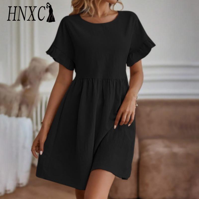 HNXC Vestidos casuales de cintura alta con cuello redondo y estampado de colores sólidos para mujer, moda de verano y primavera