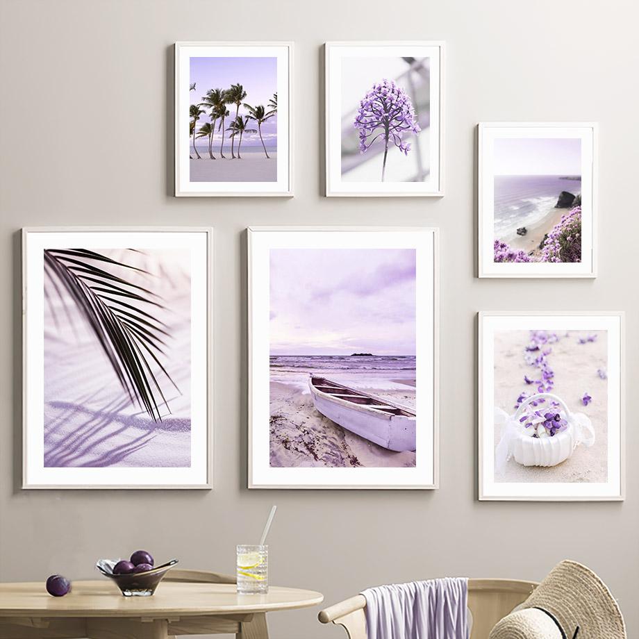 Wall Art Dreamy Purple Tropical Beach Coconut Tree Seagull Starfish Canvas Painting Living Room Decor Posters And Prints Picture