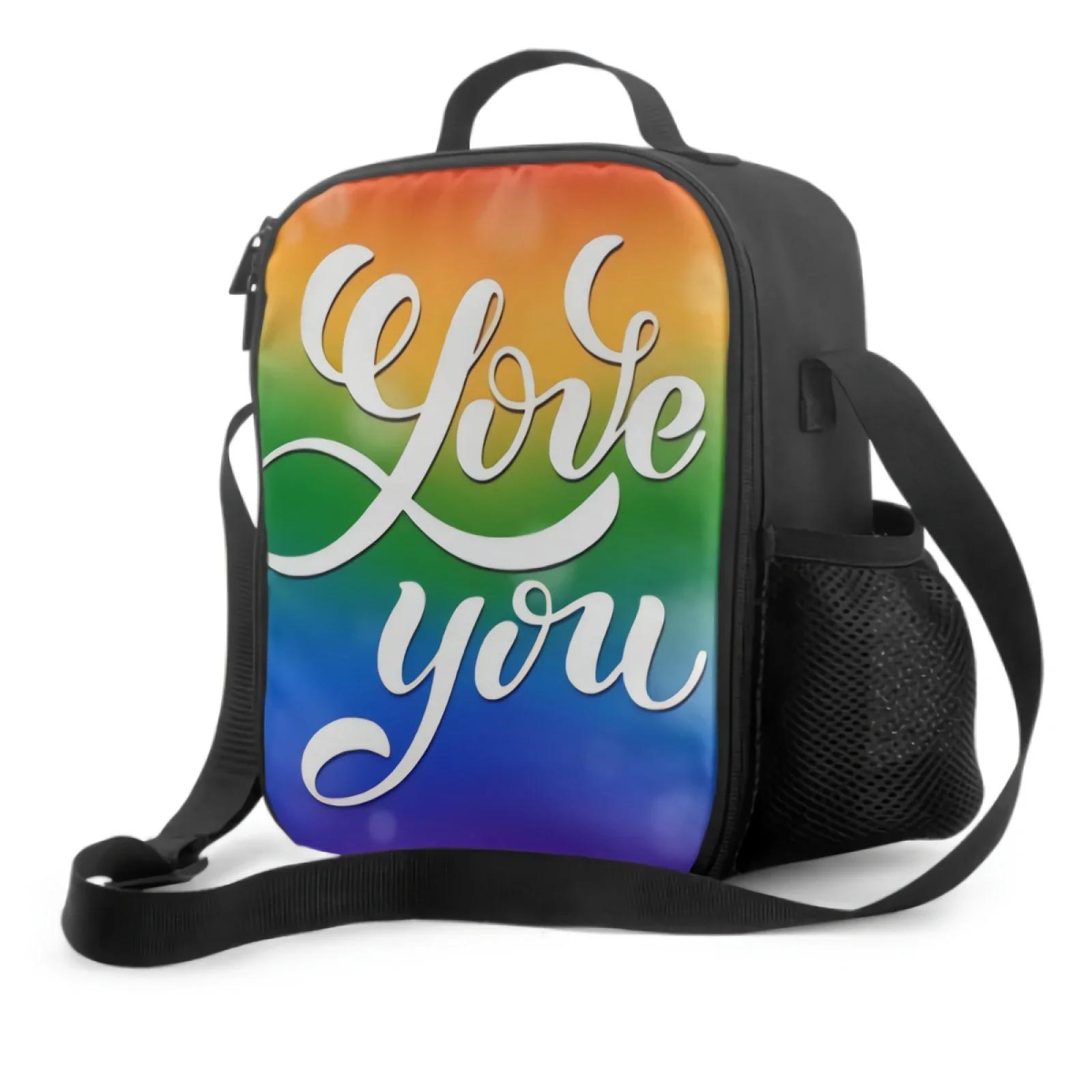 

Love You Lettering With Rainbow Stripe Background Insulated Lunch Bag for School Office Picnic Tote Lunch Box Containers 26.5x20x11.5CM бежевый