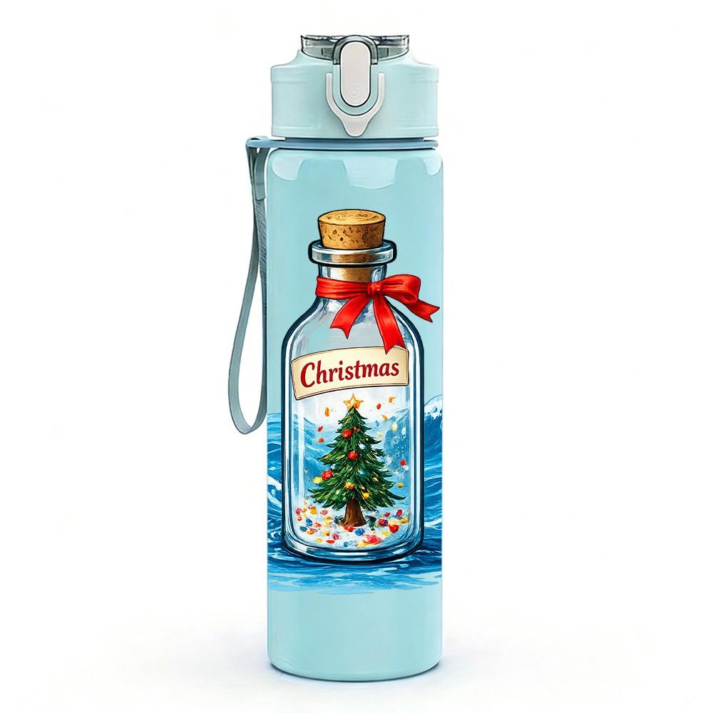 1PC Glass Bottle Christmas Tree Ocean Print 750ml Color Plastic Sports Water Bottle Leakproof Flip Straw Lid Suitable for Sports Office Home Use