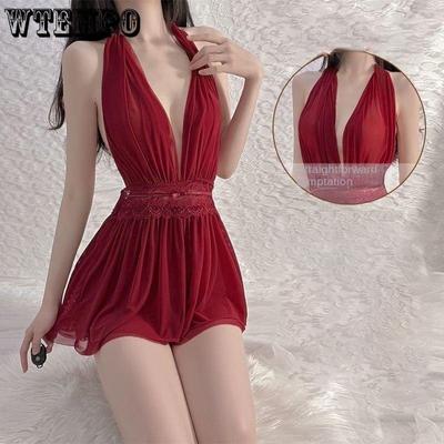 Lingerie erótica decote em V profundo tops femininos lingerie transparente pijamas femininos sexy vestidos com decote em V