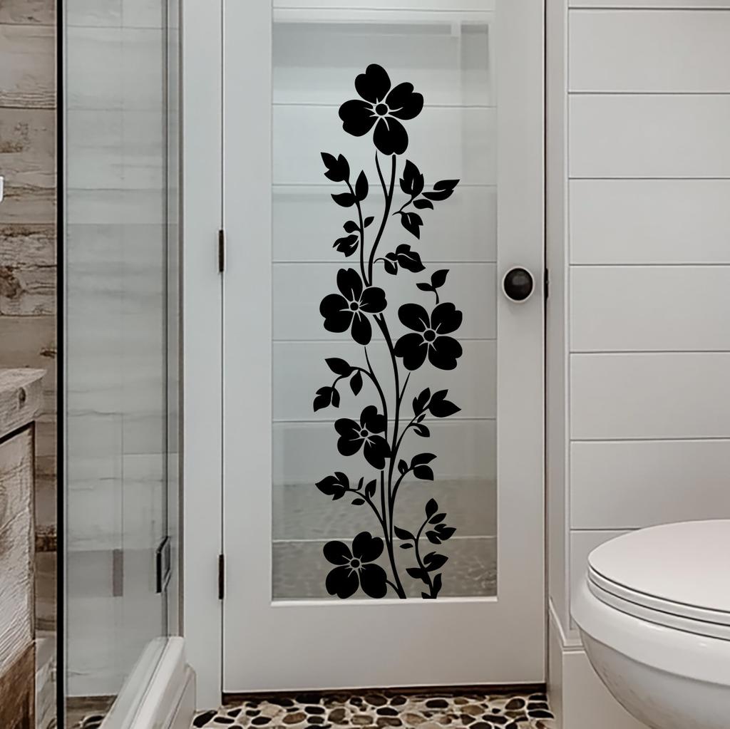 Transparenter Badezimmerglas Schwarze Blumenranke Aufkleber Minimalistischer Stil Dekoration Abziehbild