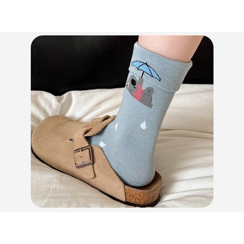 Autumn Cute Cartoon Pattern Socks, Flanged Mid-calf Socks, School-style Versatile Cotton Socks
