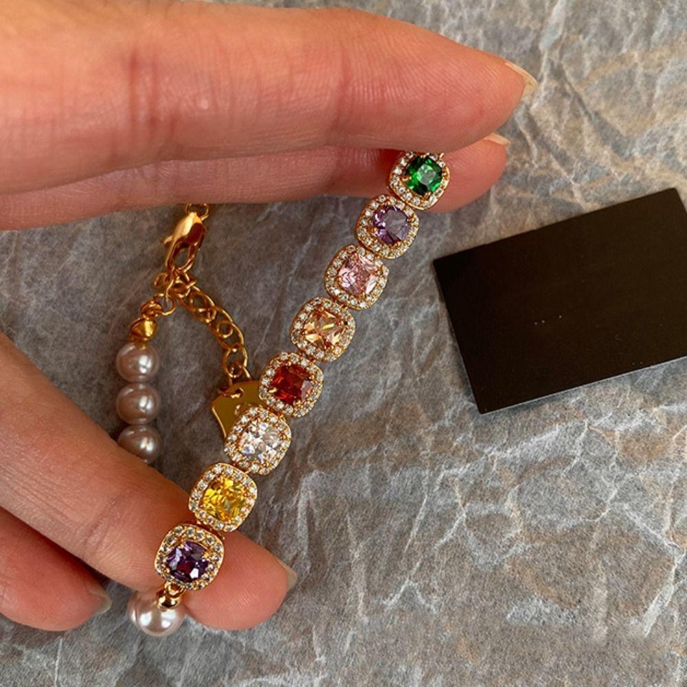 Ornaments Rainbow Rhinestone Bracelet Luxury Colored Zircon Bracelet Pearl Crystal Bracelet  Gifts