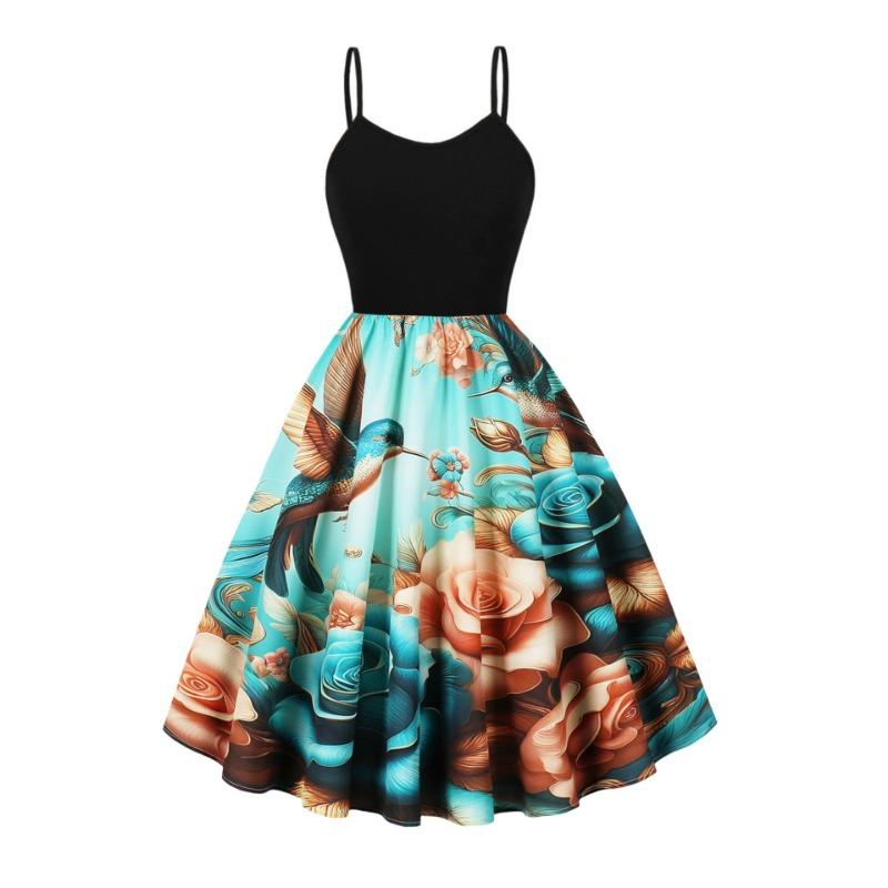 A New Summer Cool Suspender Retro Printed Pendulum Dress
