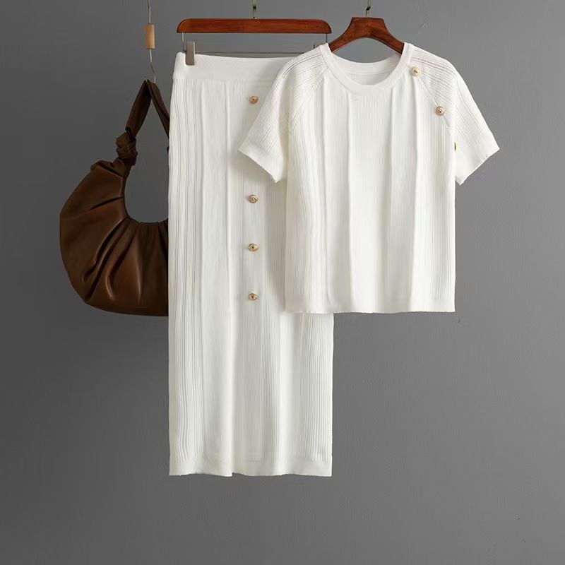 Fashion Style Fashion Knitted Short-Sleeved Shirt Skirt Two-piece Set Knitted Top and Skirt Set
