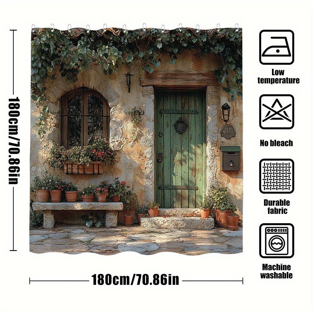Rustic Stone Door With Ivy And Potted Plants Shower Curtain For Bathroom Decor, Perfect For Adding Vintage Charm