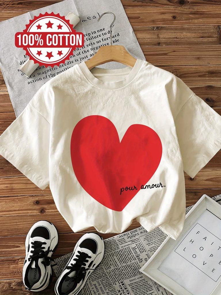 Graphic Love Heart Print 100% Cotton Women's T-Shirt Comfortable Crew Neck Short Sleeve Top Vintage Shirt Casual
