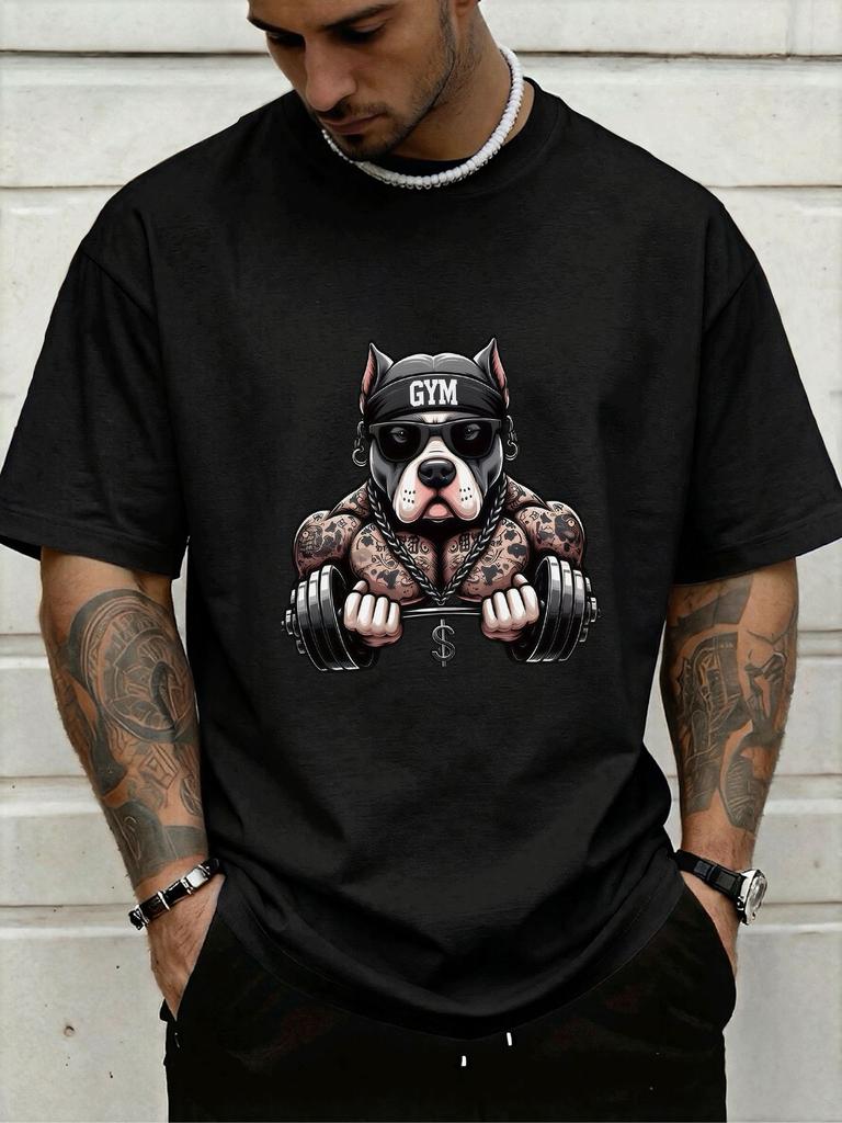 Unisexs Oversized Crew Neck Tee Muscular Pitbull Gym Dumbbell Tattoo Print Soft Cotton Fitness Street Short Sleeve Daily Casual Top