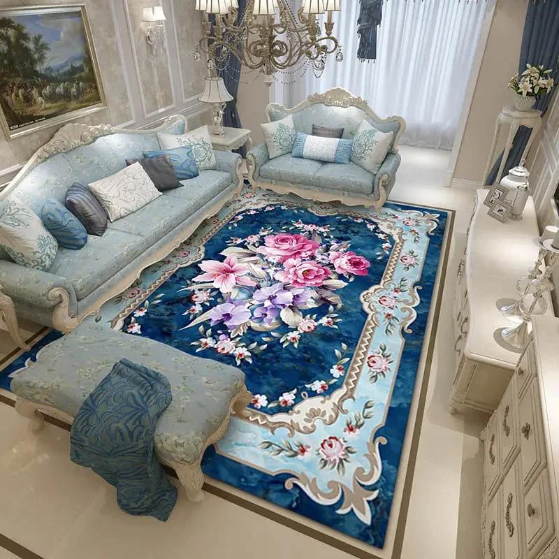 European Style Large Size Household Carpets for Living Room Decorative Rug Carpets for Bed Room Washable Non-slip Floor Mat Blue