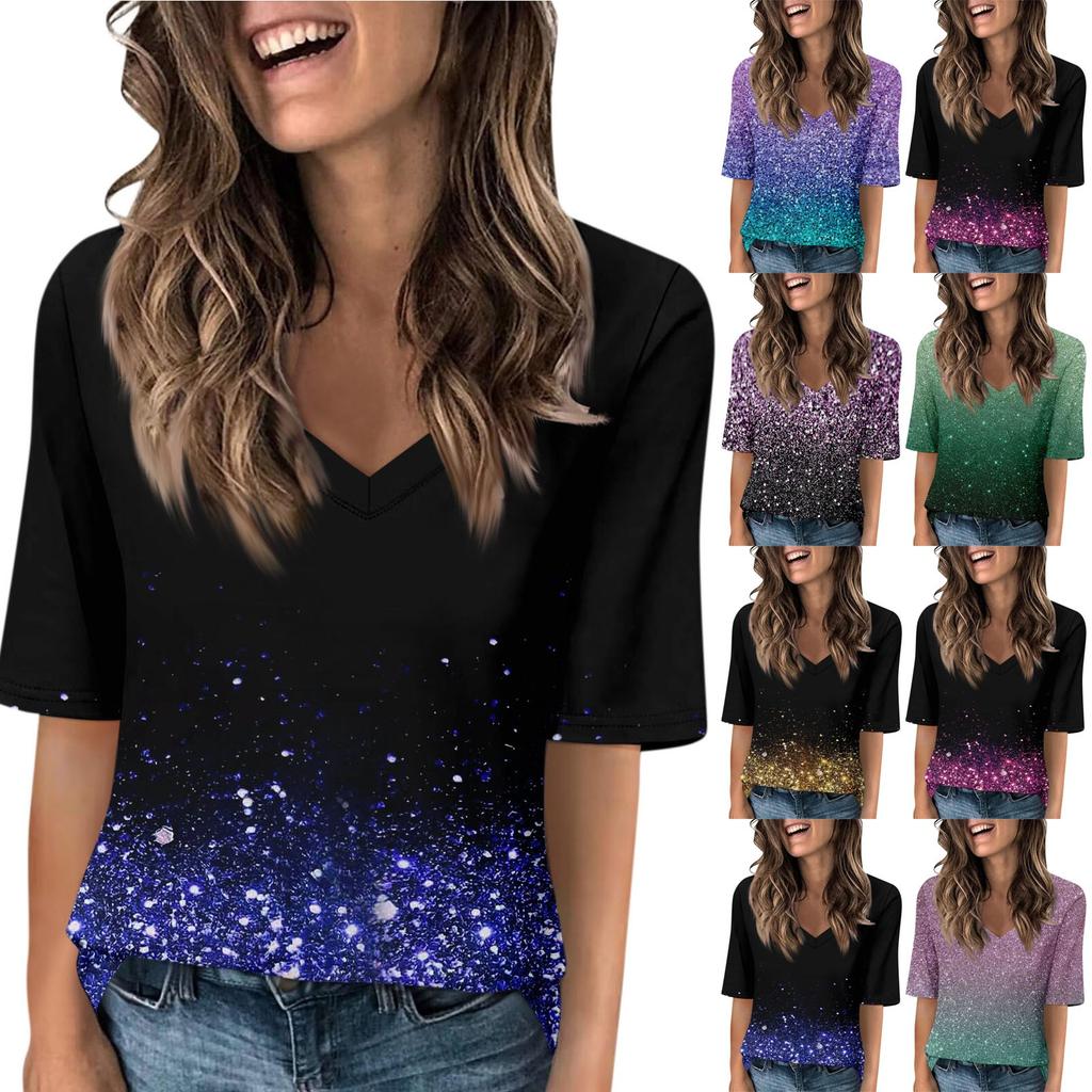 T-skjorter med V-hals for kvinner Halve ermer topper trykt Uformelle sommer T-skjorter T-skjorte bluse