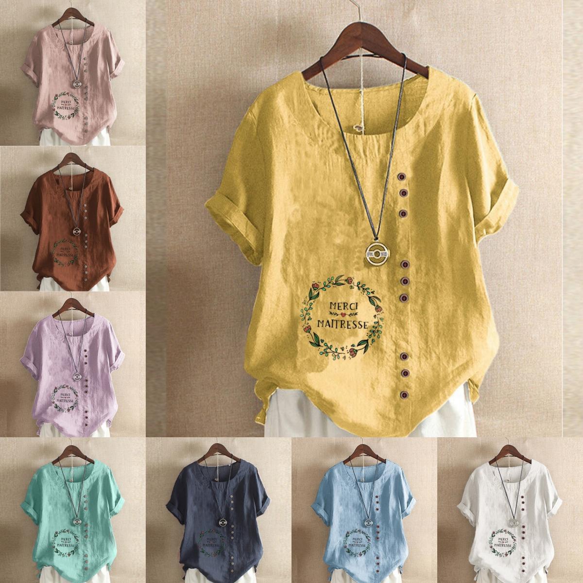 

Women s Fashion Circular Pattern Print Short Sleeve T-shirt Loose Cotton Shirt Casual Loose Summer Blouse Tops Plus Size