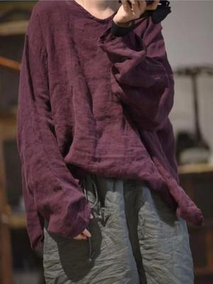 T-Shirts Vintage en lin pour femmes, col en v, manches longues, vêtements de haute qualité, couleur unie, printemps