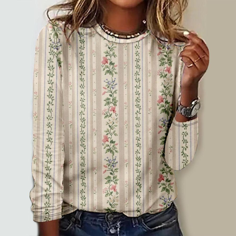 Loose Round Neck Long Sleeve Fashion Printed Top Simple T-Shirts Women’s