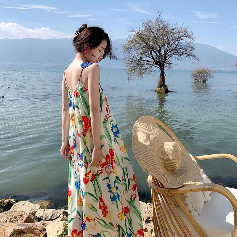 Sanya Seaside Resort Beach Dress Women's New Summer Printed Suspender Dress Hainan Tourism Photo Long Dress