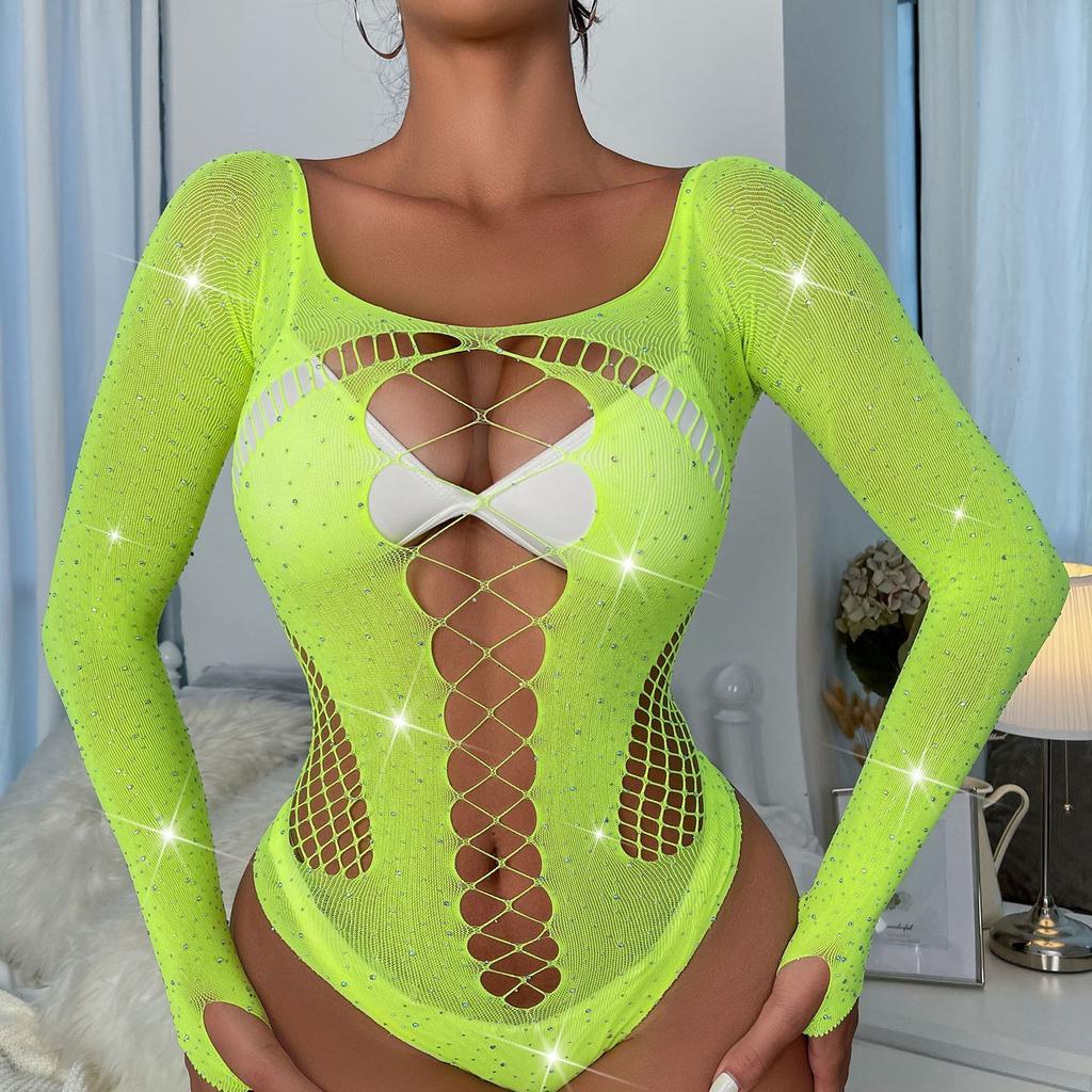 Sexy spodní prádlo štrasové lesklé dlouhé rukávy síťované oblečení Bodystocking Spodní prádlo