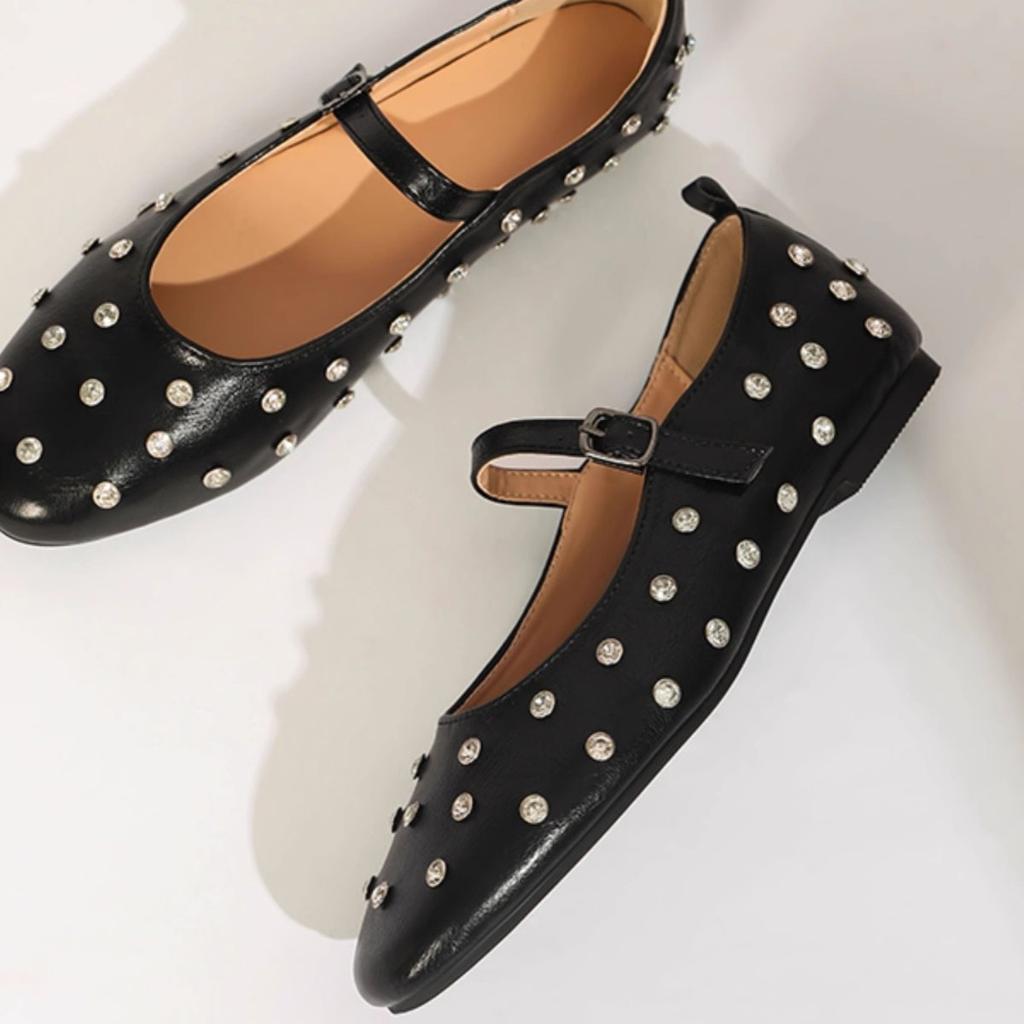 Sheepskin spring and summer new fashionable versatile one-word with rivet buckle leather soft Mary Jane ballet single shoes women