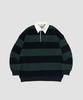 TAILOR STUDIO [Mit/Ohne Fleece gefüttert] Oxford-Streifen Authentisches Logo Polo-Sweatshirt (Grün/Marineblau)