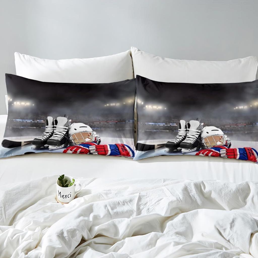 Erosebridal Ice Hockey Comforter Set Twin, Hockey Player Down Comforter for Kids Boys Girls Teens Juvenile, Sports Game Duvet Set, Soft Wint