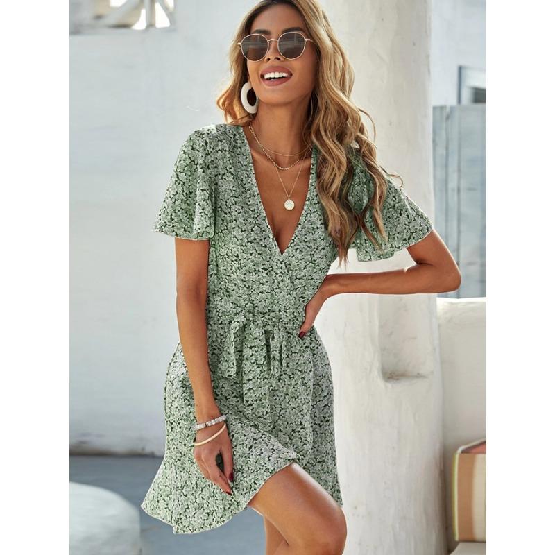 Women's Slim V-Neck Printed Tie Short Sleeve Dresses