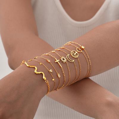Women Minimalism Thin Chain Cross Crescent Moon Star Bracelet, Stainless Steel Female Adjustable Link Stacked Layered