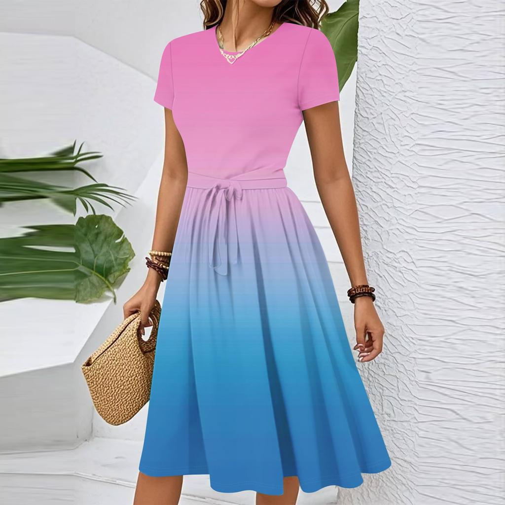 Damen Casual Mode Gürtel Kleid mit floralem Druck, kurzen Ärmeln und Rundhalsausschnitt